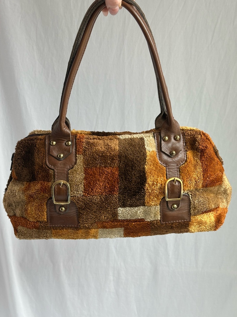 Vintage 1970s Davey’s of Worcester, MA Patchwork Shaggy Carpet Shoulder Purse